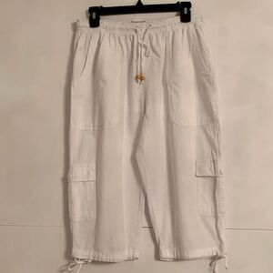Cotton Collection White Cargo Capris Pants Elastic Waist Drawstring Hem Size XL